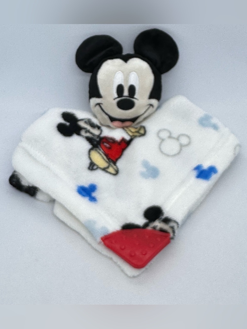 Disney Baby Mickey Mouse Lovey Security Blanket Plush Red Teether Blue White 11"